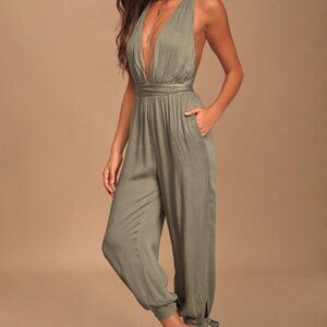 Lulus Lolinda Washed Olive Green Convertible Halter Jumpsuit - Size S